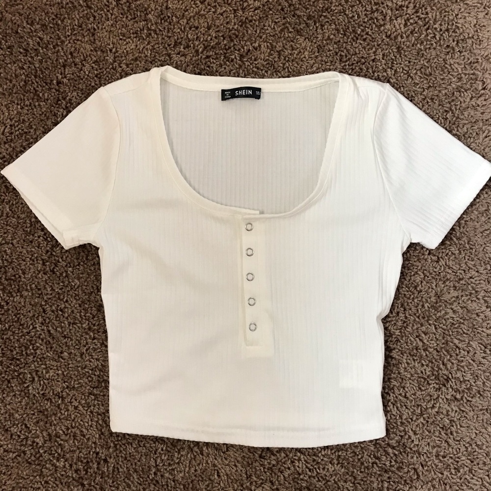 White Cropped Ribbed Henley